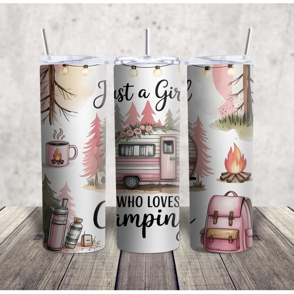 Camping Themed Tumbler with Pink and White Design